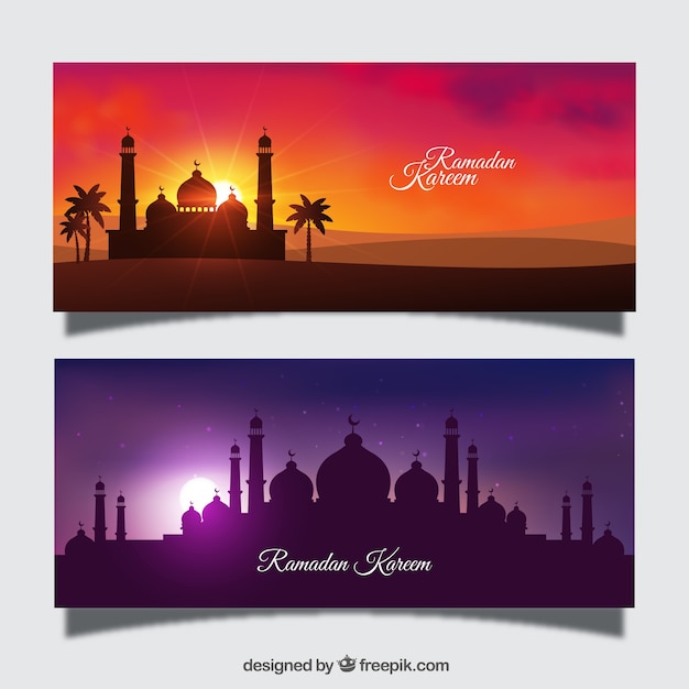 Set of ramadan banners with mosque silhouette