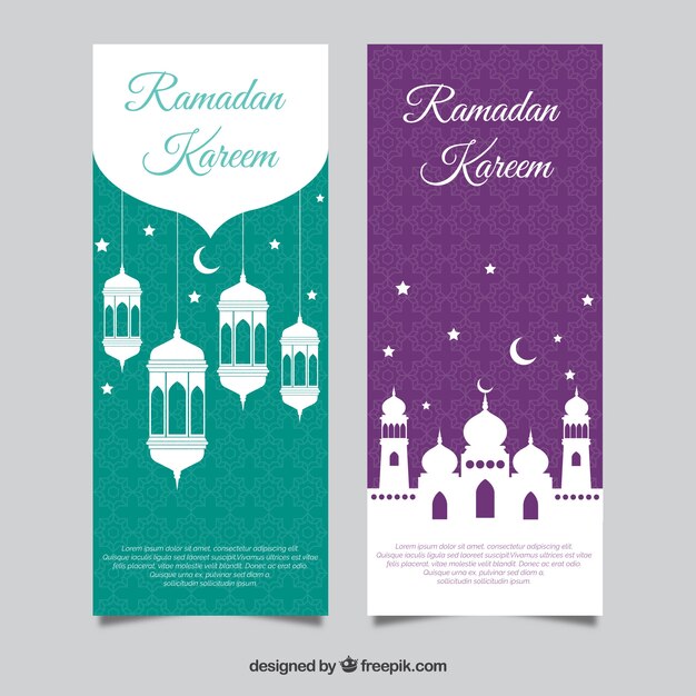 Set of ramadan banners with mosques and lamps in flat style