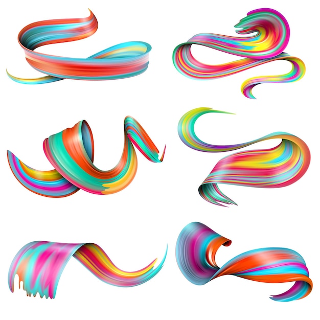 Free Vector set of realistic colorful twisted brush strokes of oil or acrylic paints isolated