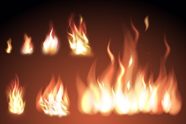 Set of realistic fire flames with sparkles