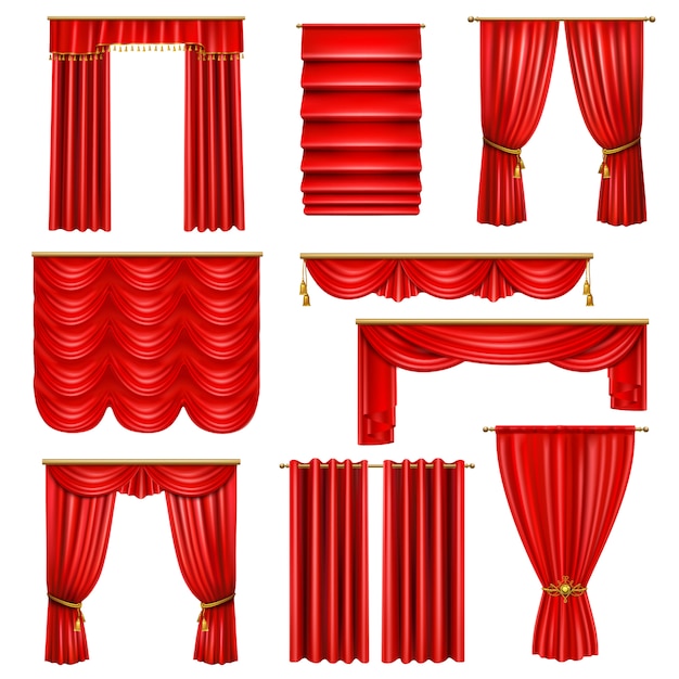 Set of realistic luxury red curtains of various on cornices with golden elements isolated