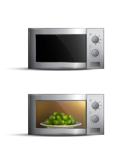 Set of realistic microwave ovens with food inside isolated on white