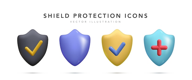 Set of realistic shield icons with shadow isolated on white