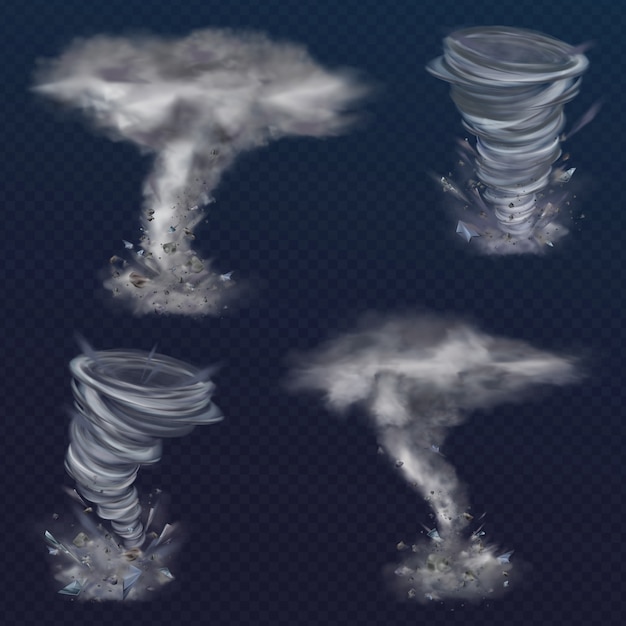 Free Vector set of realistic tornado vortices. different kinds of swirls with clouds and flying shards