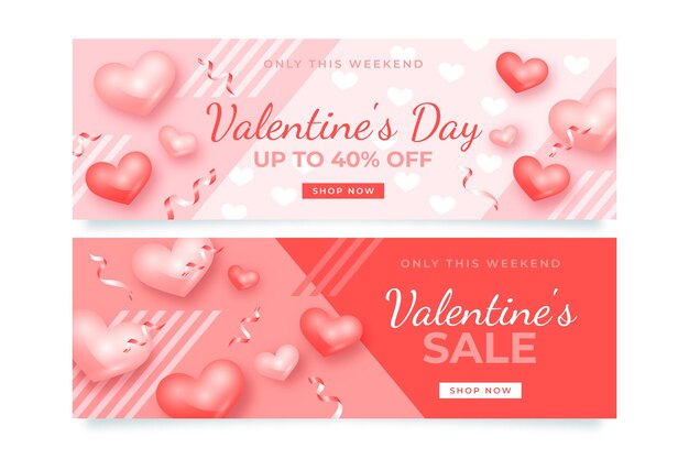 Set of realistic valentine's day sale banners