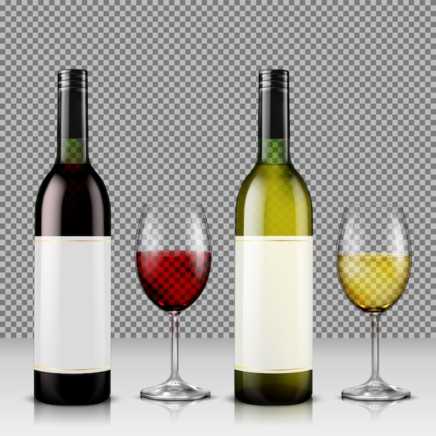 Free vector set of realistic vector illustration of glass wine bottles and glasses with white and red wine