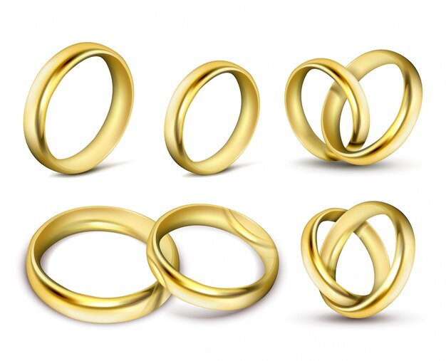 Set of realistic vector illustrations of gold wedding rings with shadow