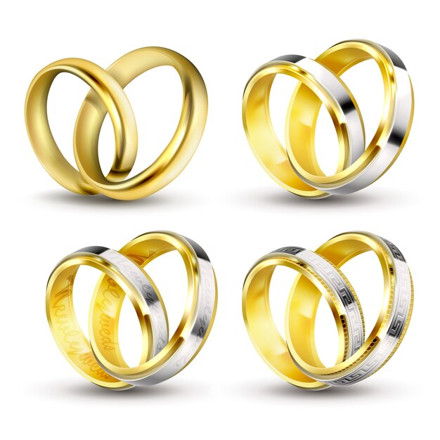 Set of realistic vector illustrations of gold wedding rings with shadow