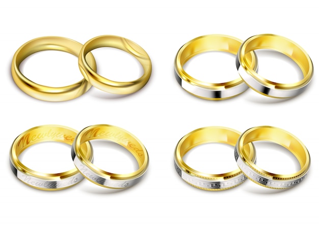 Set of realistic vector illustrations of gold wedding rings with shadow