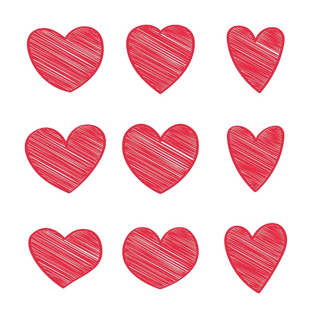 Free Vector set of red sketch filled doodle hearts