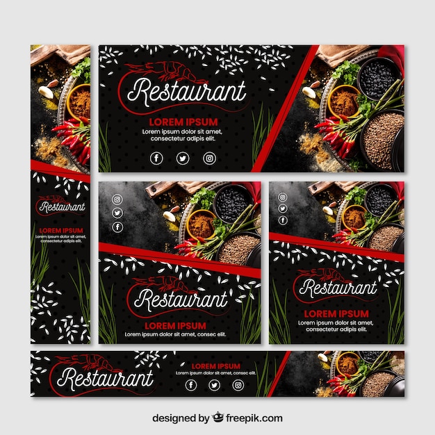 Free Vector set of restaurant banners with photo