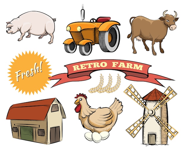 Free Vector set of retro farm colored vector icons depicting a pig  tractor   cow  barn  laying hen  windmill or mill  a fresh logo and ribbon banner with the text