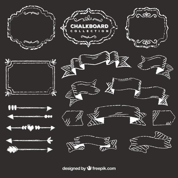 Set of ribbons, frames and arrows in blackboard style