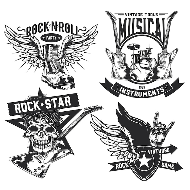 Free Vector set of rock elements (skull, boot, drums, wings, guitar, picks) emblems, labels, badges, logos.