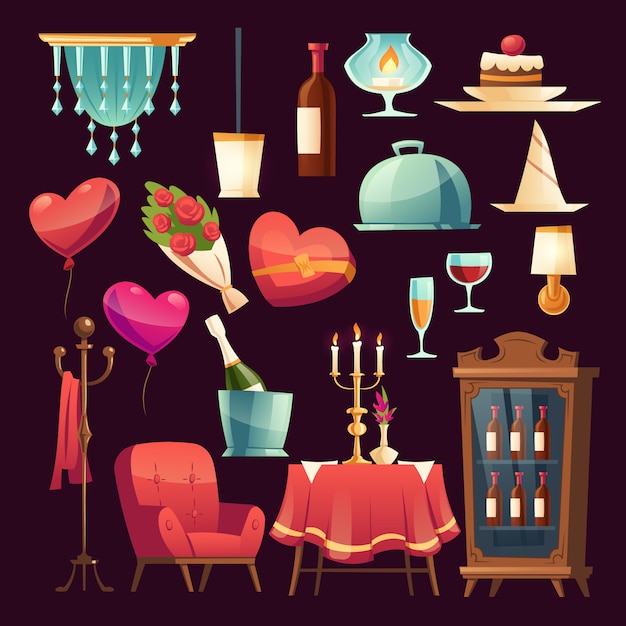 Free Vector set for romantic dinner in valentines day