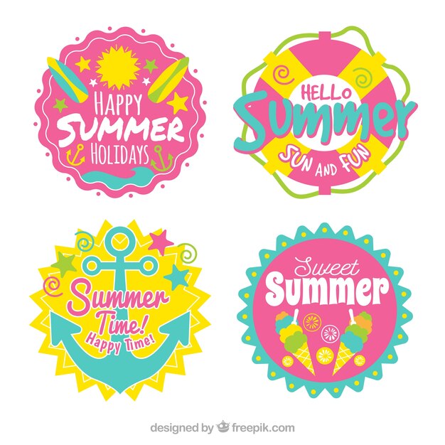 Set of round summer stickers with yellow details