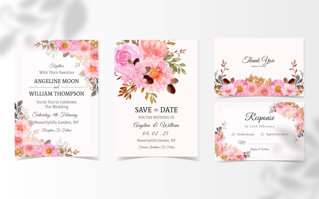 Free Vector set of rustic pink watercolor floral wedding invitation