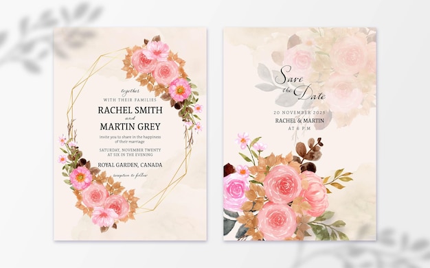 Set of Rustic Pink Watercolor Flower With Abstract Stain Wedding Invitation