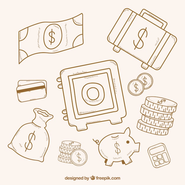 Set of safe box sketches and money items