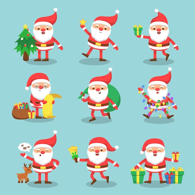 Set of Santa Claus with present and snow on green background for Christmas and new year card,  cartoon character