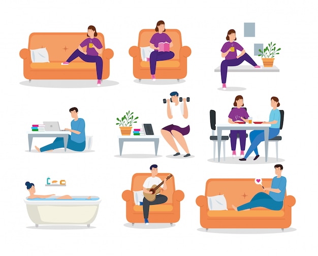 set scenes campaign stay at home with people vector illustration design