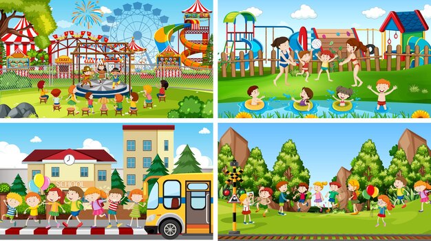 Set of scenes of children at school, park and playing in swimming pool