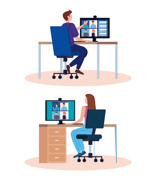 Free Vector set scenes of people in video conference