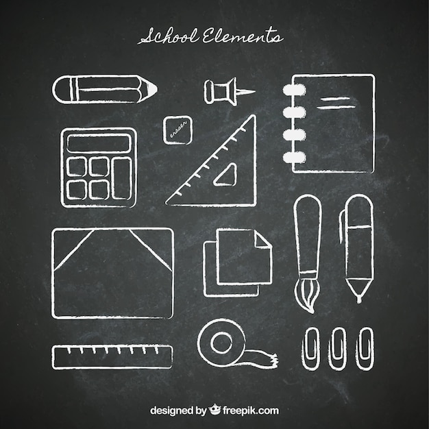 Free Vector set of school elements in blackboard style