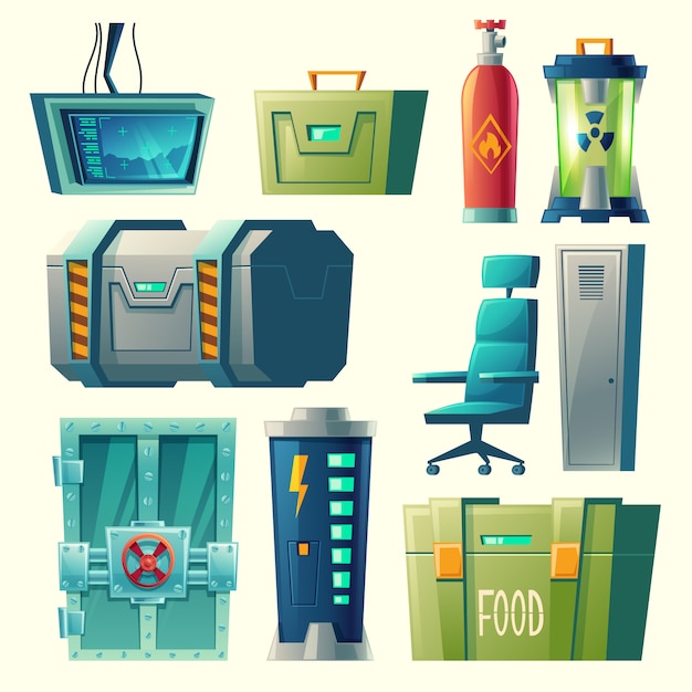 Free vector set for scientific laboratory, interior of secret bunker with lab devices, equipment.