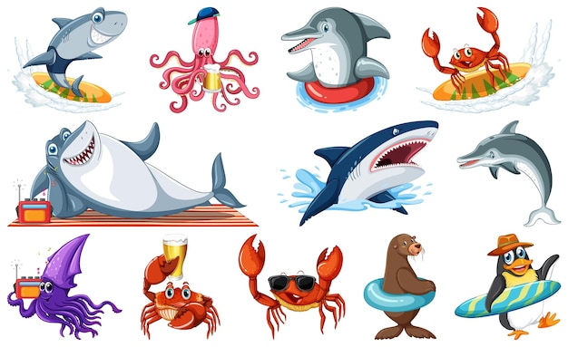 Free Vector set of sea animal cartoon character