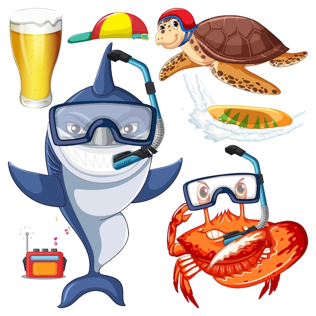 Free Vector set of sea creatures cartoon character in summer