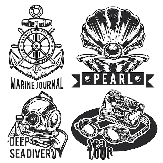 Set of sea emblems, labels, badges, logos.