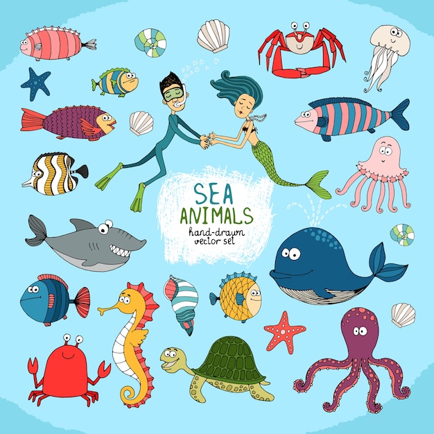 Free vector set sea life hand-drawn cartoon