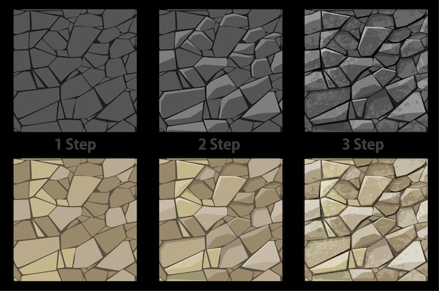 Set of seamless texture stone step by step drawing.