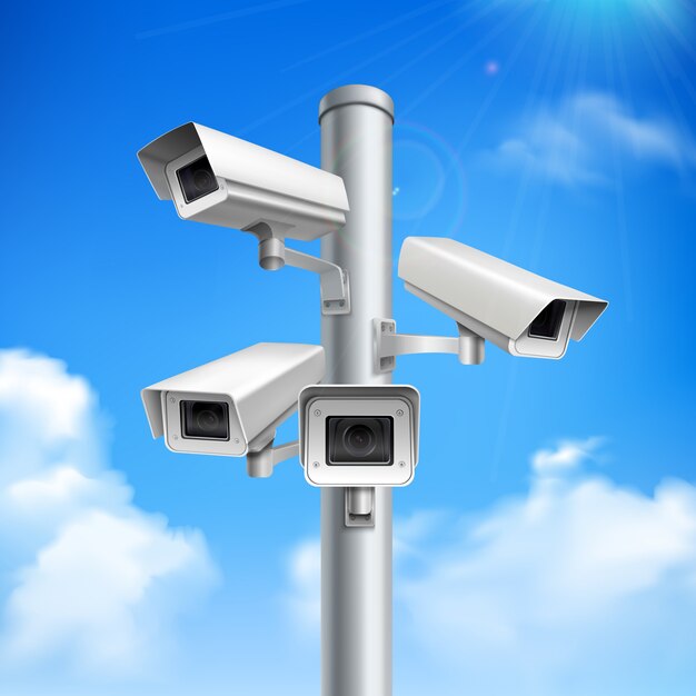 Set of security cameras on pillar realistic composition on blue sky  with clouds