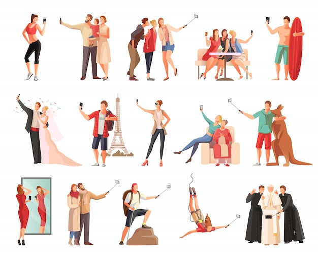 Set of selfie photo modern people flat characters taking photographs of themselves in different situations