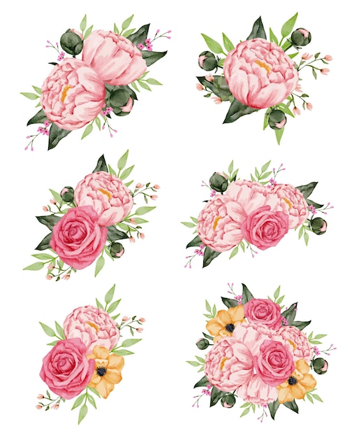 Set of Separate parts and bring together to beautiful bouquet of flowers in water colors style on white background vector illustration