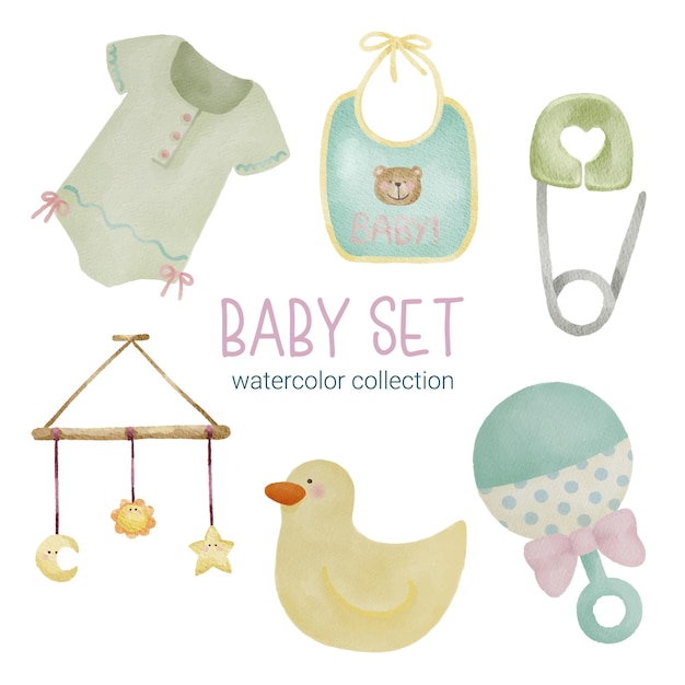 Free Vector set of separate parts and bring together to beautiful clothes baby items and toy in water colors style on white background watercolor vector illustration