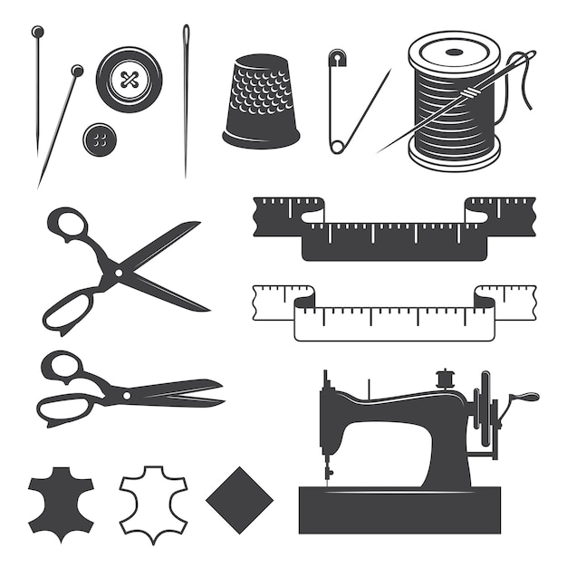 Free Vector set of sewing desinged elements monochrome style