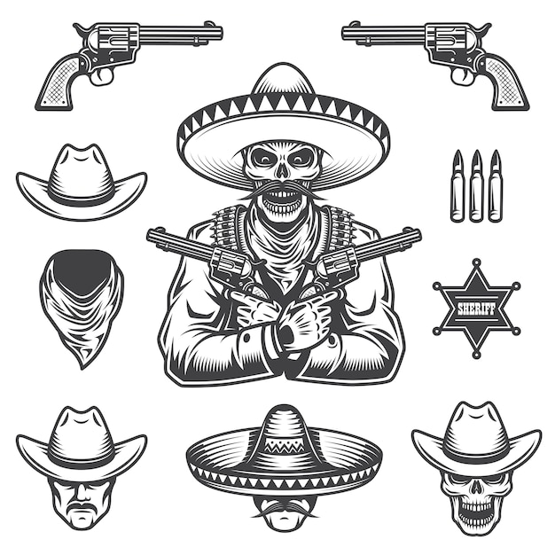 Free Vector set of sheriff and bandit elements and heads. monochrome style