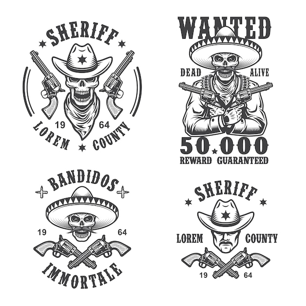 Free Vector set of sheriff and bandit emblems, labels, badges, logos and mascots. monochrome style.