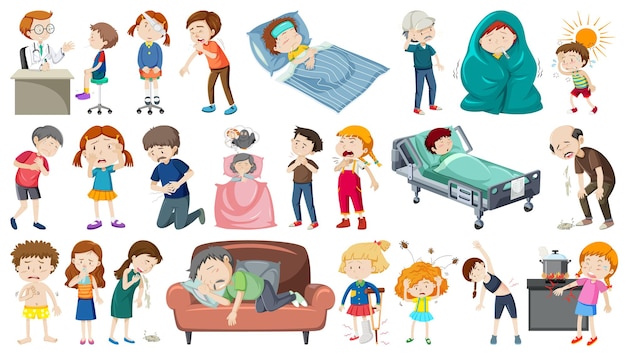 Free Vector set of sick people with different symptoms