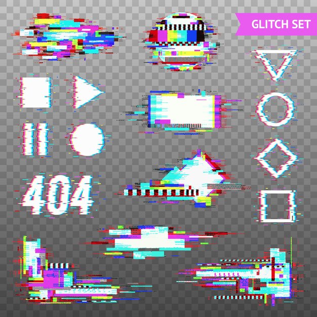 Set of simple geometric forms and digital elements in distorted glitch style