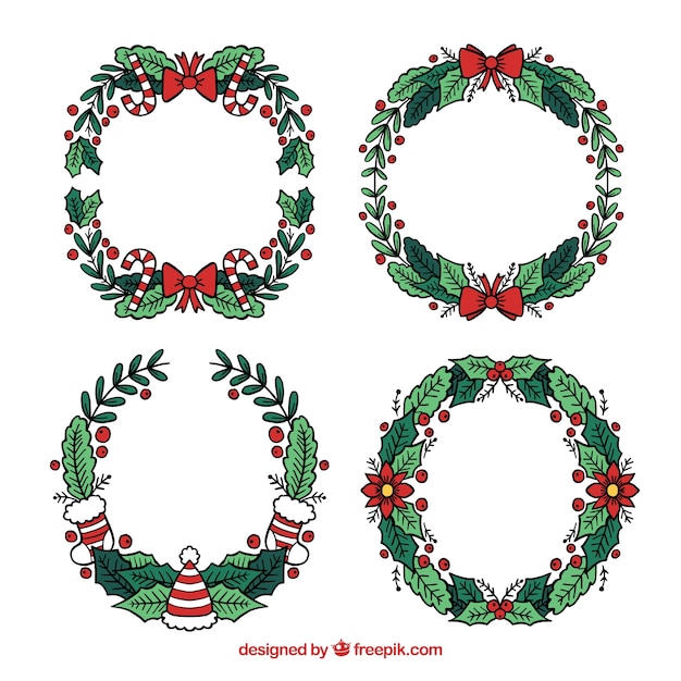 Free Vector set of simple hand drawn christmas wreaths