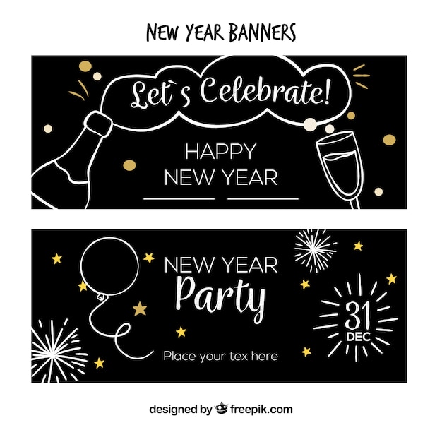 Set of simple hand drawn new year party banners