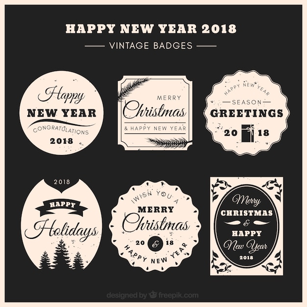 Free Vector set of six 2018 new year stickers in retro style