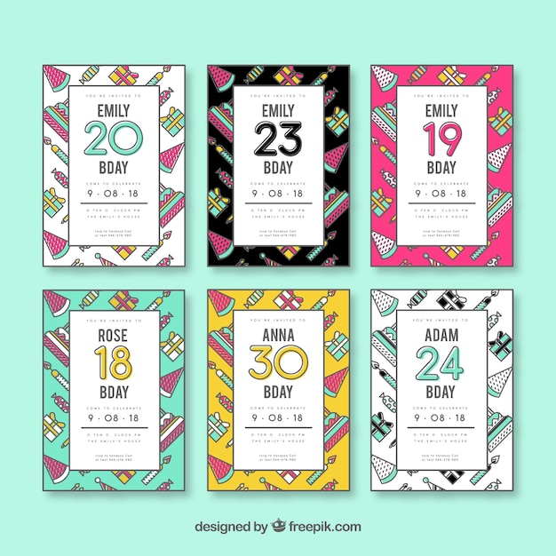 Free Vector set of six birthday invitations in flat design