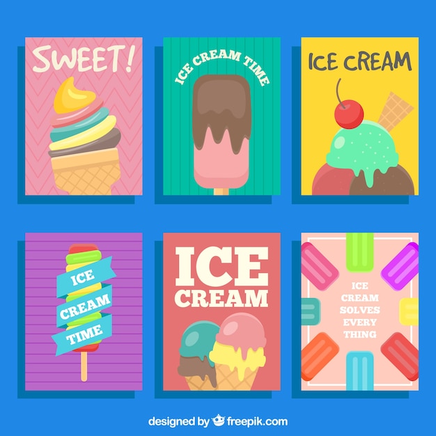 Free Vector set of six fantastic cards with flat ice creams