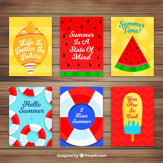 Set of six flat cards with summer elements