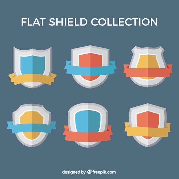 Free Vector set of six flat shields with colored ribbons